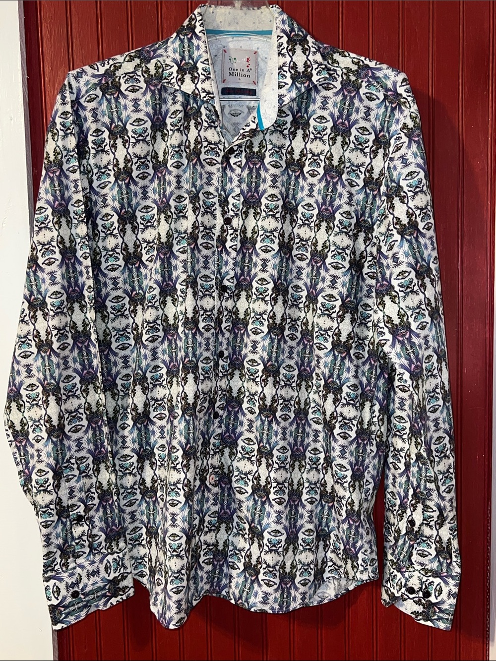 One In A Million  Button-Up Shirt with Teal & Purple Print Flip Cuffs L